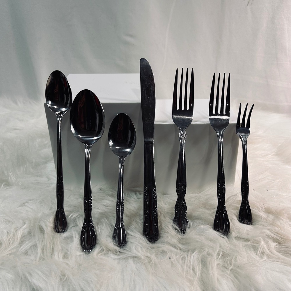 Orleans Silver Royal Rose Stainless Flatware Set 7 Pieces Japan Floral Scroll